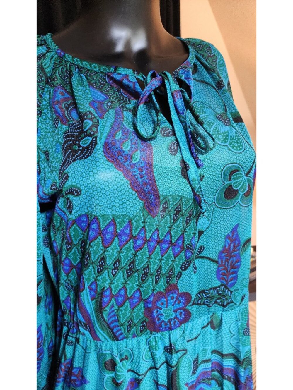 1980s KEVIN STUART PETITES psychedelic midi dress blue green abstract vintage - Picture 10 of 11